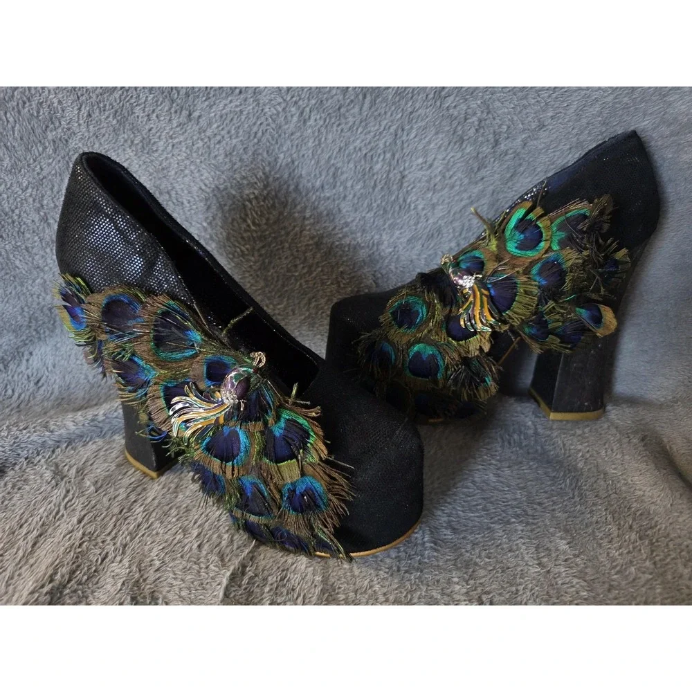 Irregular Choice Peacock Feather Wedge High Heel Platform Shoes Black 6.5
